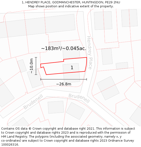 1, HENDREY PLACE, GODMANCHESTER, HUNTINGDON, PE29 2NU: Plot and title map