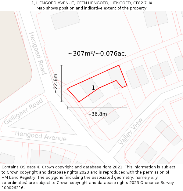 1, HENGOED AVENUE, CEFN HENGOED, HENGOED, CF82 7HX: Plot and title map