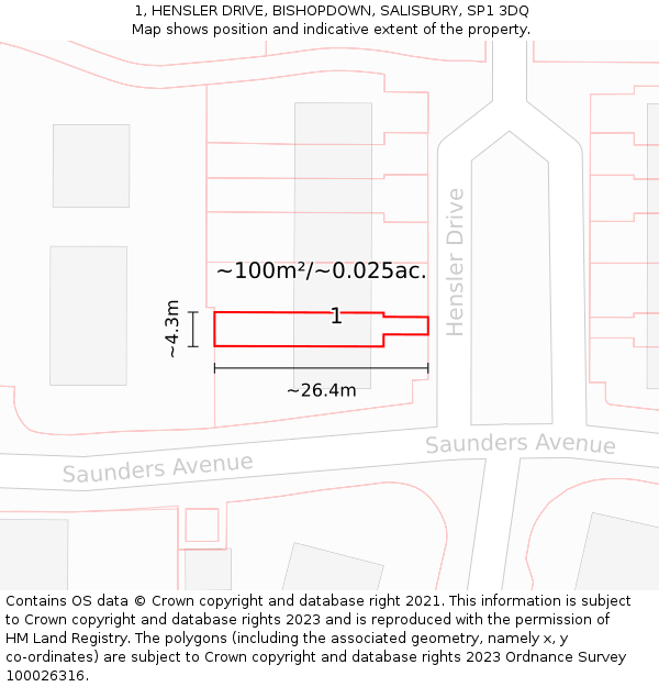 1, HENSLER DRIVE, BISHOPDOWN, SALISBURY, SP1 3DQ: Plot and title map