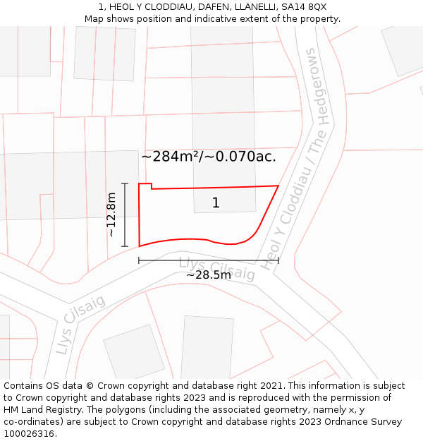 1, HEOL Y CLODDIAU, DAFEN, LLANELLI, SA14 8QX: Plot and title map