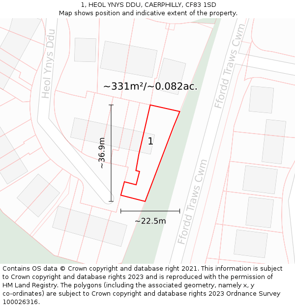 1, HEOL YNYS DDU, CAERPHILLY, CF83 1SD: Plot and title map