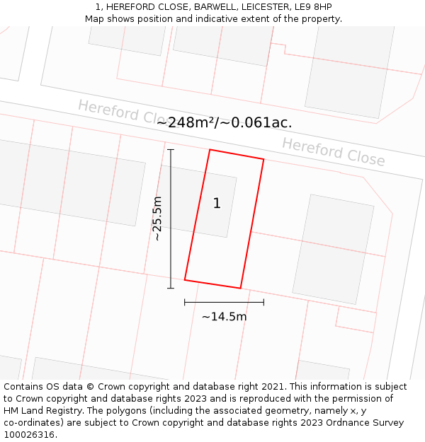 1, HEREFORD CLOSE, BARWELL, LEICESTER, LE9 8HP: Plot and title map