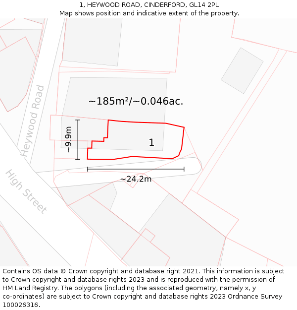 1, HEYWOOD ROAD, CINDERFORD, GL14 2PL: Plot and title map