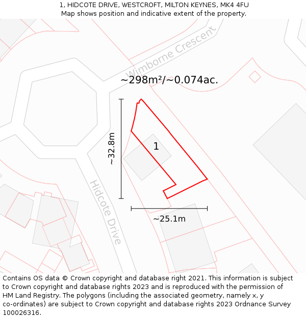 1, HIDCOTE DRIVE, WESTCROFT, MILTON KEYNES, MK4 4FU: Plot and title map