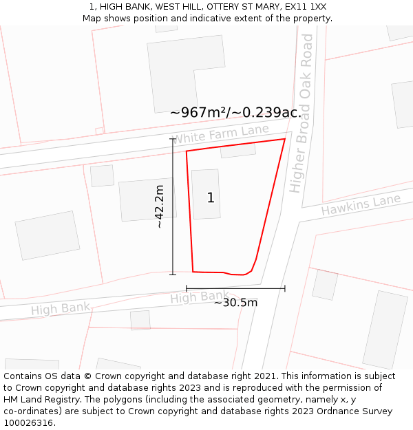 1, HIGH BANK, WEST HILL, OTTERY ST MARY, EX11 1XX: Plot and title map