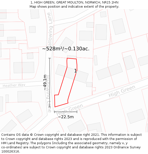 1, HIGH GREEN, GREAT MOULTON, NORWICH, NR15 2HN: Plot and title map