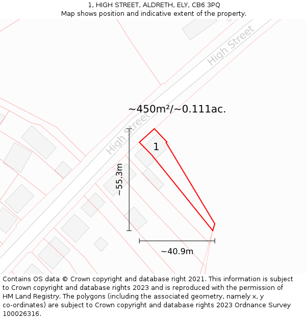 1, HIGH STREET, ALDRETH, ELY, CB6 3PQ: Plot and title map