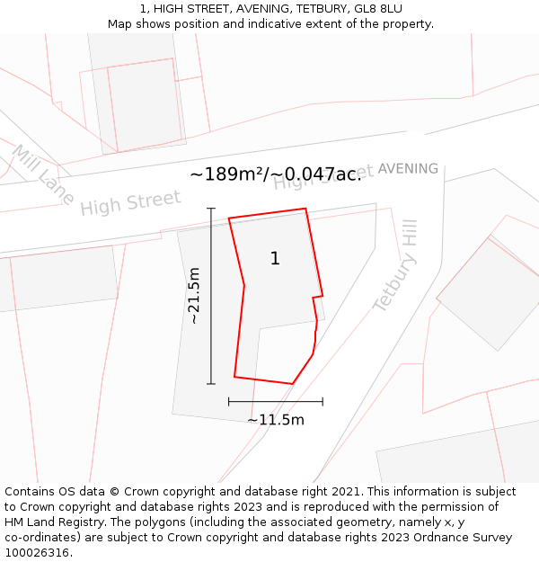 1, HIGH STREET, AVENING, TETBURY, GL8 8LU: Plot and title map