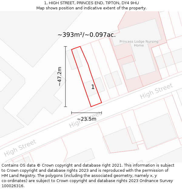 1, HIGH STREET, PRINCES END, TIPTON, DY4 9HU: Plot and title map