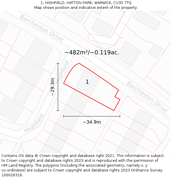 1, HIGHFIELD, HATTON PARK, WARWICK, CV35 7TQ: Plot and title map