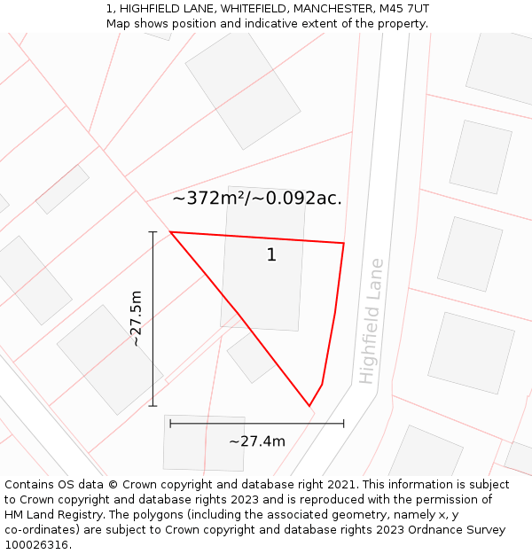 1, HIGHFIELD LANE, WHITEFIELD, MANCHESTER, M45 7UT: Plot and title map