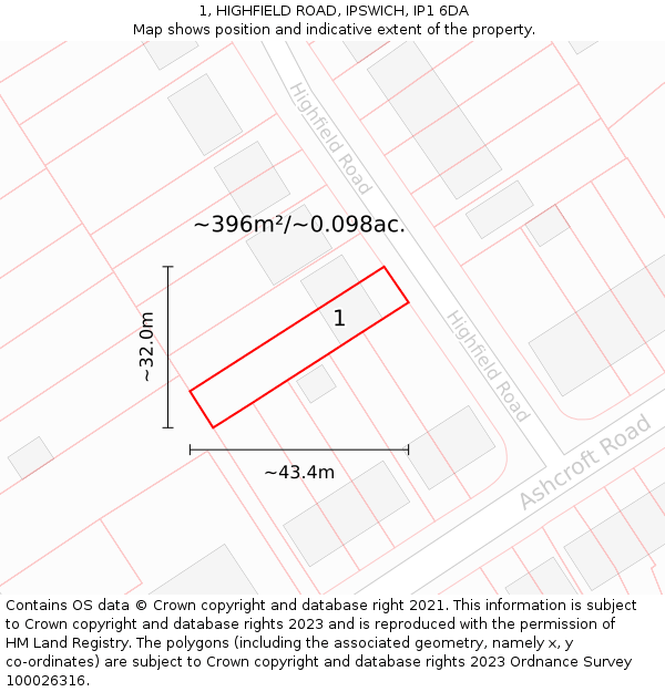 1, HIGHFIELD ROAD, IPSWICH, IP1 6DA: Plot and title map