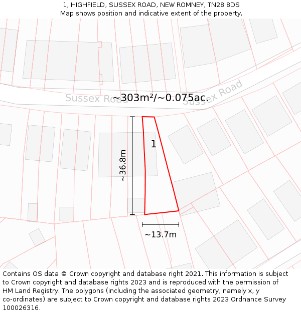 1, HIGHFIELD, SUSSEX ROAD, NEW ROMNEY, TN28 8DS: Plot and title map