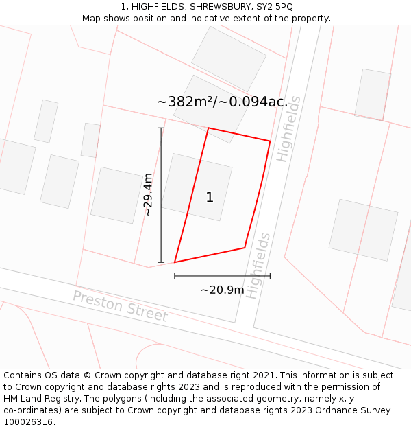 1, HIGHFIELDS, SHREWSBURY, SY2 5PQ: Plot and title map