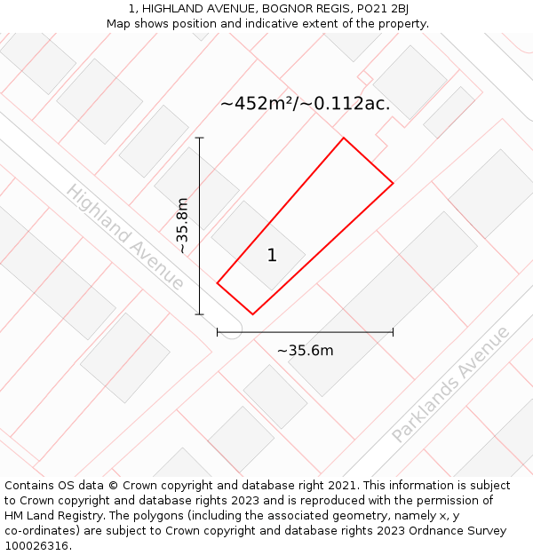 1, HIGHLAND AVENUE, BOGNOR REGIS, PO21 2BJ: Plot and title map