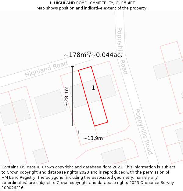 1, HIGHLAND ROAD, CAMBERLEY, GU15 4ET: Plot and title map