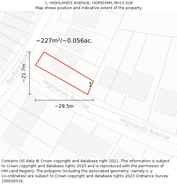 1, HIGHLANDS AVENUE, HORSHAM, RH13 5LW: Plot and title map