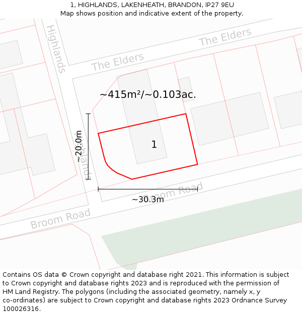 1, HIGHLANDS, LAKENHEATH, BRANDON, IP27 9EU: Plot and title map