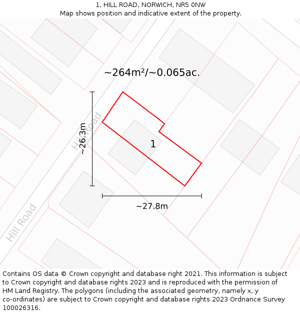 1, HILL ROAD, NORWICH, NR5 0NW: Plot and title map