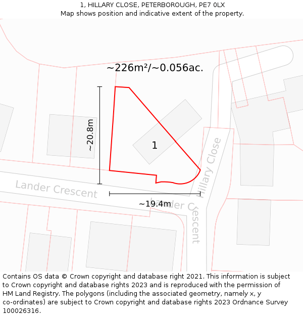 1, HILLARY CLOSE, PETERBOROUGH, PE7 0LX: Plot and title map