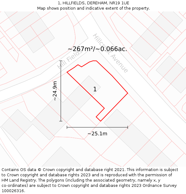 1, HILLFIELDS, DEREHAM, NR19 1UE: Plot and title map