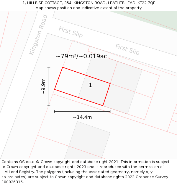 1, HILLRISE COTTAGE, 354, KINGSTON ROAD, LEATHERHEAD, KT22 7QE: Plot and title map