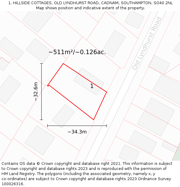 1, HILLSIDE COTTAGES, OLD LYNDHURST ROAD, CADNAM, SOUTHAMPTON, SO40 2NL: Plot and title map