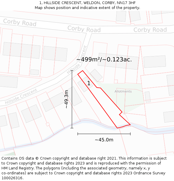 1, HILLSIDE CRESCENT, WELDON, CORBY, NN17 3HF: Plot and title map