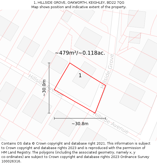 1, HILLSIDE GROVE, OAKWORTH, KEIGHLEY, BD22 7QG: Plot and title map