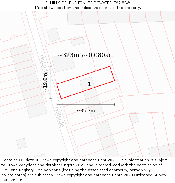 1, HILLSIDE, PURITON, BRIDGWATER, TA7 8AW: Plot and title map