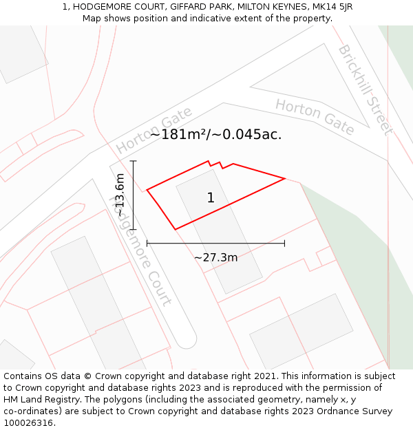 1, HODGEMORE COURT, GIFFARD PARK, MILTON KEYNES, MK14 5JR: Plot and title map