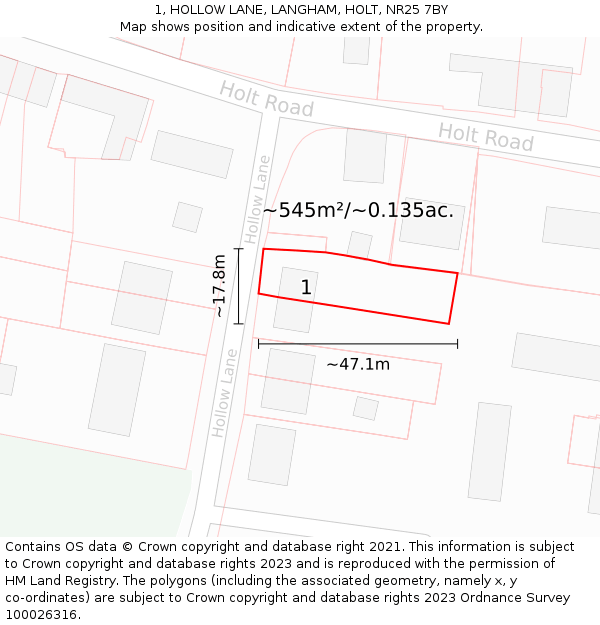1, HOLLOW LANE, LANGHAM, HOLT, NR25 7BY: Plot and title map