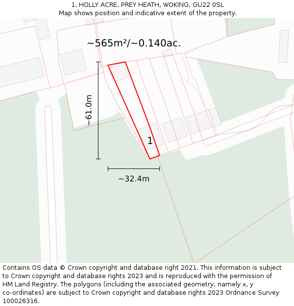 1, HOLLY ACRE, PREY HEATH, WOKING, GU22 0SL: Plot and title map