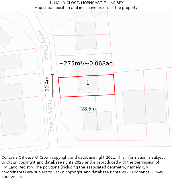 1, HOLLY CLOSE, HORNCASTLE, LN9 5EX: Plot and title map