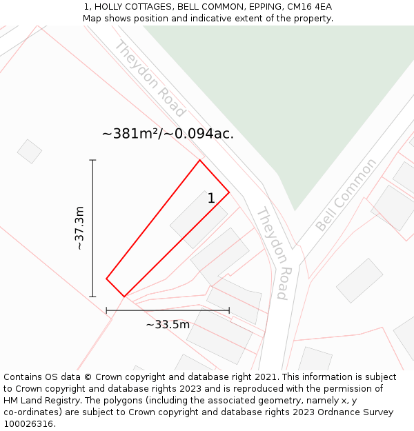 1, HOLLY COTTAGES, BELL COMMON, EPPING, CM16 4EA: Plot and title map