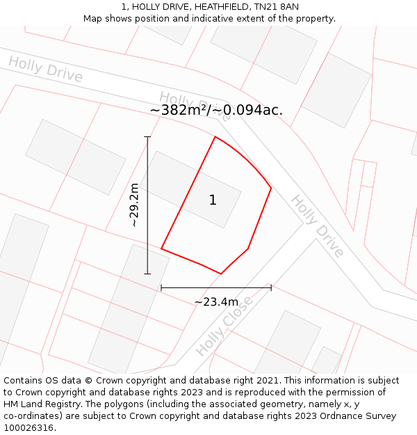 1, HOLLY DRIVE, HEATHFIELD, TN21 8AN: Plot and title map