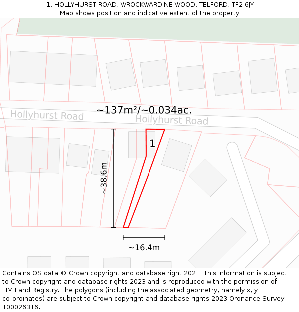 1, HOLLYHURST ROAD, WROCKWARDINE WOOD, TELFORD, TF2 6JY: Plot and title map