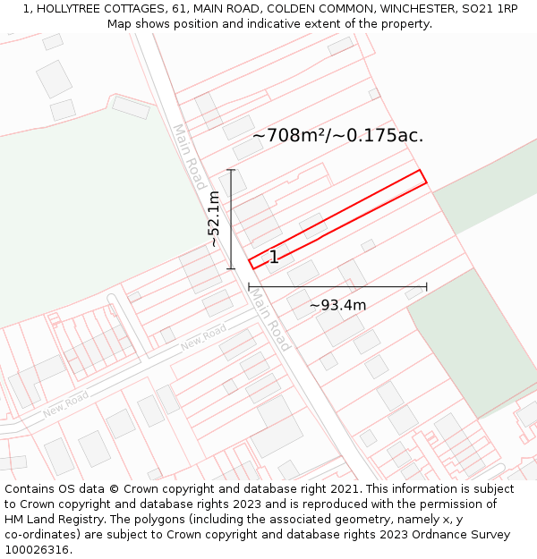 1, HOLLYTREE COTTAGES, 61, MAIN ROAD, COLDEN COMMON, WINCHESTER, SO21 1RP: Plot and title map