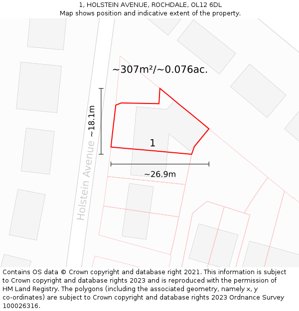 1, HOLSTEIN AVENUE, ROCHDALE, OL12 6DL: Plot and title map