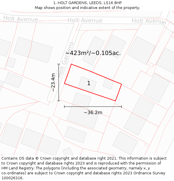 1, HOLT GARDENS, LEEDS, LS16 8HP: Plot and title map