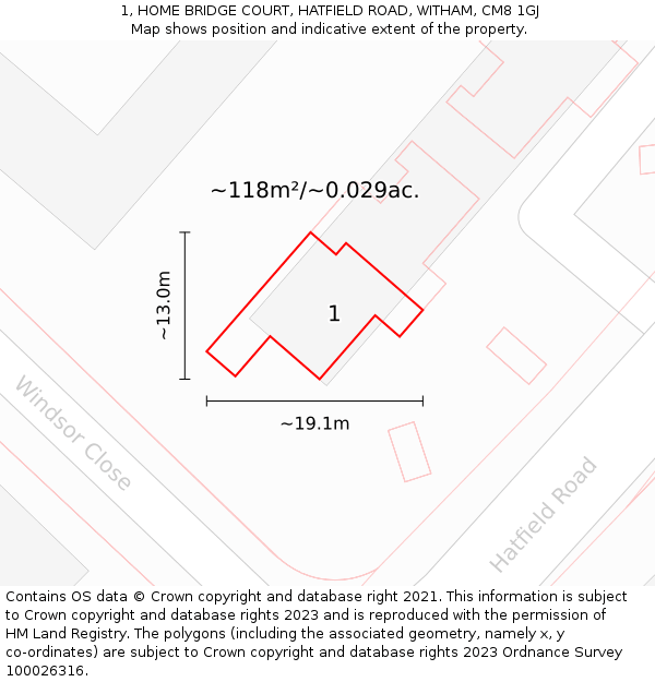 1, HOME BRIDGE COURT, HATFIELD ROAD, WITHAM, CM8 1GJ: Plot and title map