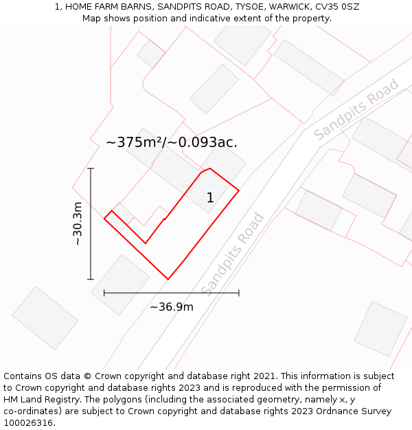 1, HOME FARM BARNS, SANDPITS ROAD, TYSOE, WARWICK, CV35 0SZ: Plot and title map