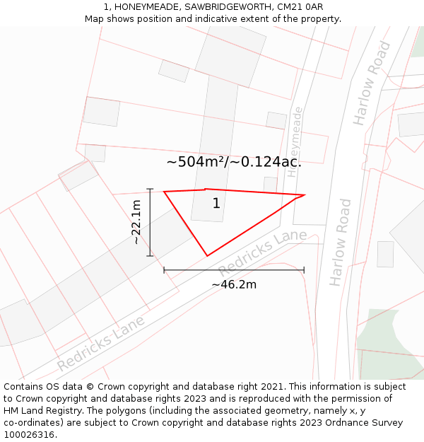 1, HONEYMEADE, SAWBRIDGEWORTH, CM21 0AR: Plot and title map