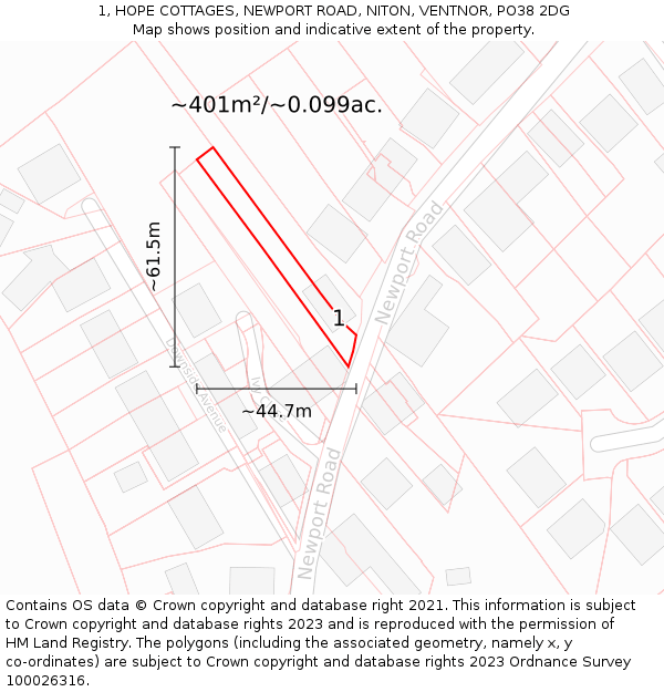 1, HOPE COTTAGES, NEWPORT ROAD, NITON, VENTNOR, PO38 2DG: Plot and title map