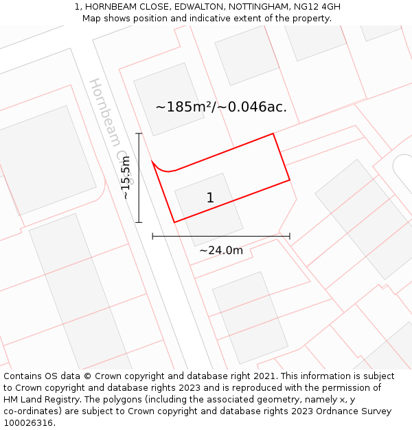 1, HORNBEAM CLOSE, EDWALTON, NOTTINGHAM, NG12 4GH: Plot and title map