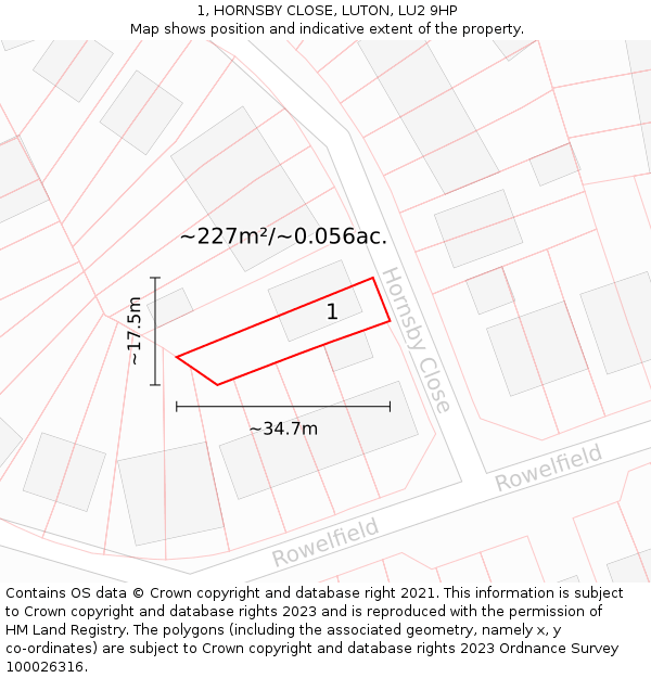 1, HORNSBY CLOSE, LUTON, LU2 9HP: Plot and title map