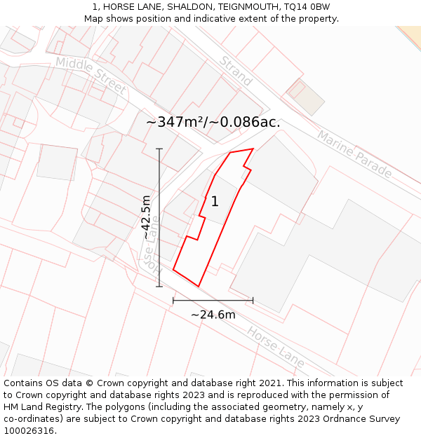 1, HORSE LANE, SHALDON, TEIGNMOUTH, TQ14 0BW: Plot and title map