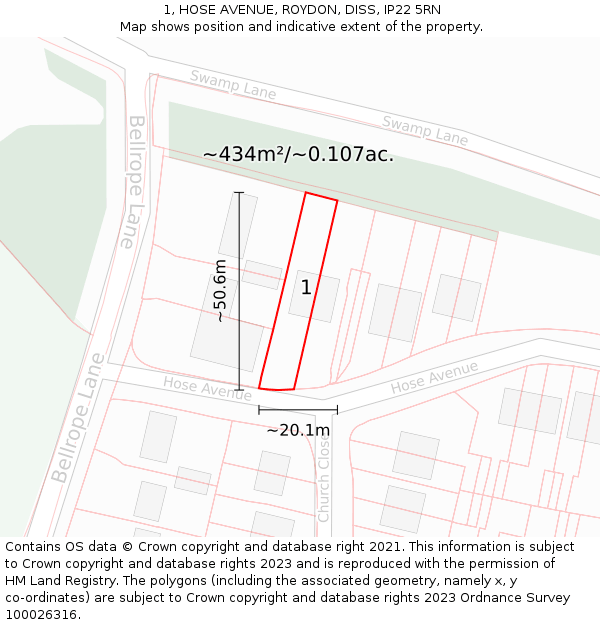 1, HOSE AVENUE, ROYDON, DISS, IP22 5RN: Plot and title map