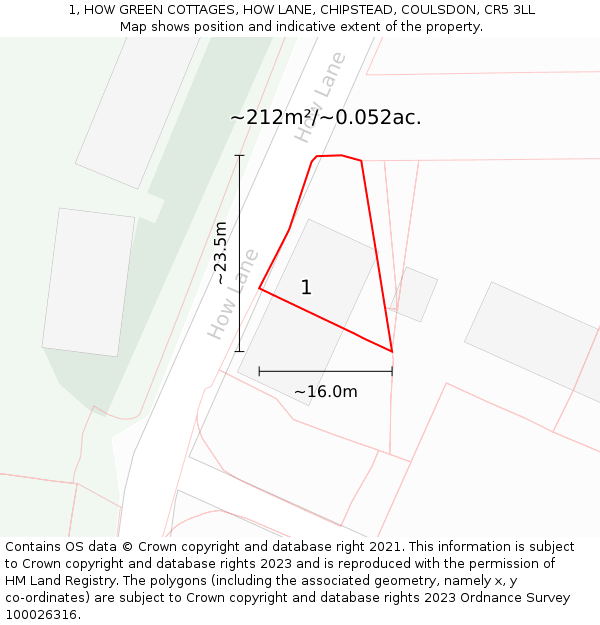 1, HOW GREEN COTTAGES, HOW LANE, CHIPSTEAD, COULSDON, CR5 3LL: Plot and title map