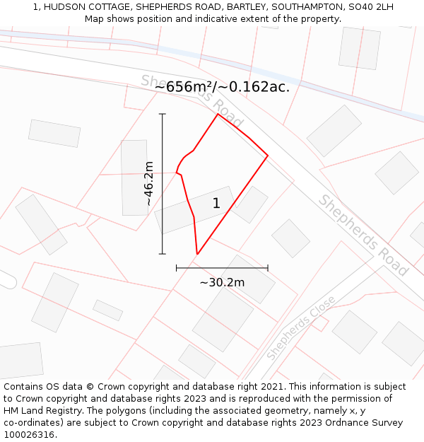 1, HUDSON COTTAGE, SHEPHERDS ROAD, BARTLEY, SOUTHAMPTON, SO40 2LH: Plot and title map